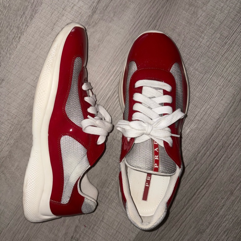 Prada Red and White Lace-Up Sneakers